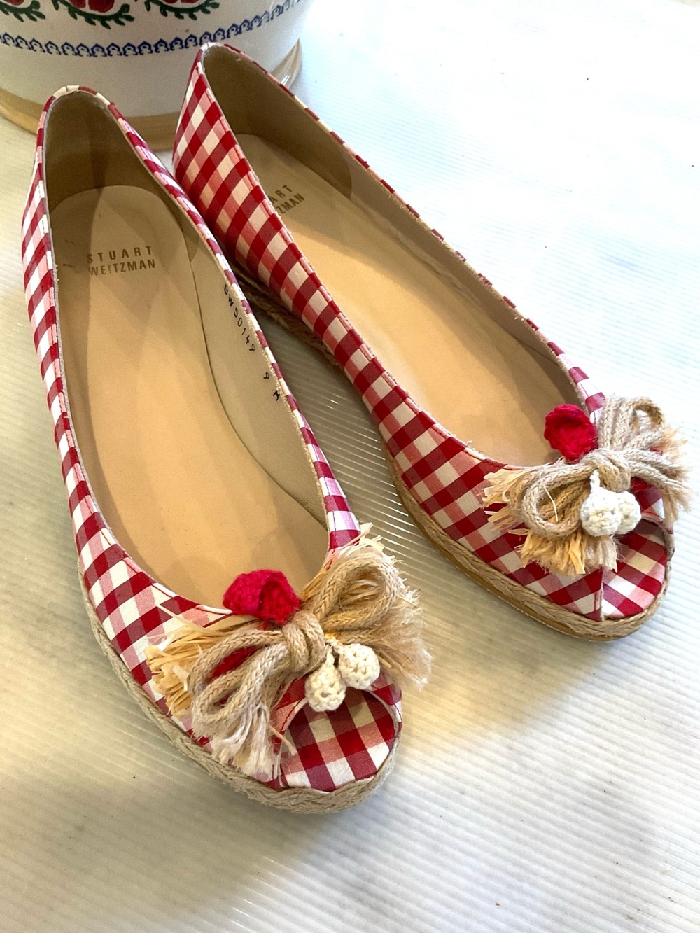 Stuart Weitzman Red and Cream Gingham Espadrille Flats 9M
